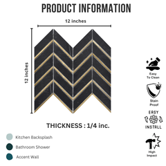 Tenedos HTCRC 12 x 12 Inch Nero Arrow Metal Mosaic Tile – Black Marble Look Chevron Pattern with Gold Metal Inlay, Luxury Wall Backsplash Bathroom Shower Accent Tile