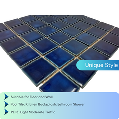 Square Marble Blue Porcelain Mosaic Floor Wall Pool Tile Shiny Look 2x2 (Box of 5.44 Sq Ft)