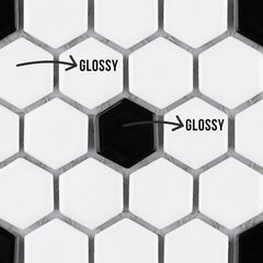 Tenedos White and Black Hexagon Polished Porcelain Mosaic Tile – Classic Glossy Geometric Wall and Floor Tile for Bathroom, Kitchen, and Backsplash (5 Sheets)