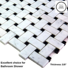 Bianco Carrara Basketweave Marble Tile - Black Dots, Polished Finish
