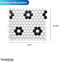 Modern White and Black Hexagon Flower Porcelain Mosaic - Bathroom, Kitchen Backsplash & Accent Tile (5 Sheet)