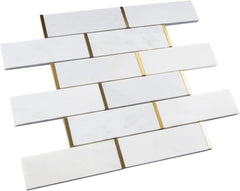 2x6 White and Gold Metal Stainless Steel & Marble Tile – Polished Finish, 1 Sheet for Backsplash & Wall Decor
