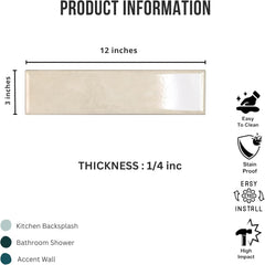 Tenedos HTCRC 3x12 Glossy Porcelain Subway Tile – Stone Look Wall Tile for Kitchen Backsplash, Bathroom & Shower Walls