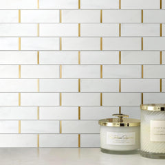 2x6 White and Gold Metal Stainless Steel & Marble Tile – Polished Finish, 1 Sheet for Backsplash & Wall Decor