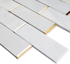 2x6 White and Gold Metal Stainless Steel & Marble Tile – Polished Finish, 1 Sheet for Backsplash & Wall Decor