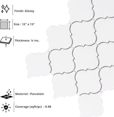 Tenedos Crystal Glow Glossy White Arabesque Porcelain Mosaic Tile 12x13 in for Kitchen Backsplash Bathroom Wall Shower Fireplace Accent