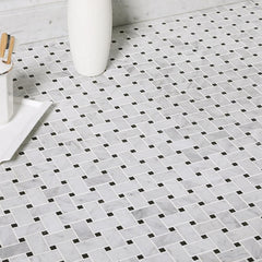 Bianco Carrara Basketweave Marble Tile - Black Dots, Polished Finish