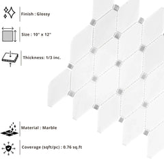 Tenedos HTCFD White Dolomite Diamond Marble Mosaic Tile Polished Finish for Bathroom, Kitchen Backsplash, Shower & Indoor Use – Natural Stone Dolomite Mosaic (1 Sheet)