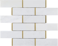 2x6 White and Gold Metal Stainless Steel & Marble Tile – Polished Finish, 1 Sheet for Backsplash & Wall Decor
