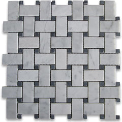Bianco Carrara Basketweave Marble Tile - Black Dots, Polished Finish