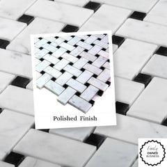 Bianco Carrara Basketweave Marble Tile - Black Dots, Polished Finish