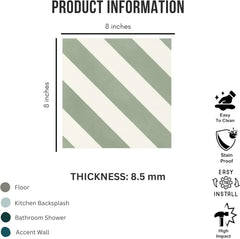 Tenedos Sage Linea 8" x 8" Matte Porcelain Tile for Wall and Floor, Diagonal Stripe Green and White Pattern, Modern Geometric Design, Indoor Outdoor Use