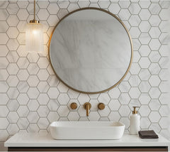 Tenedos White Marble Look Hexagon Porcelain Mosaic Tile – 13x13 Glossy Finish for Wall, Floor, and Bathroom (5 Sheets, 5 Sqft Total Coverage)