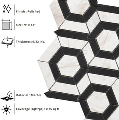 Tenedos HTCRC 9x12 Marble Hexagon Mosaic Tile – White & Black Natural Marble Geometric Floor and Wall Tile