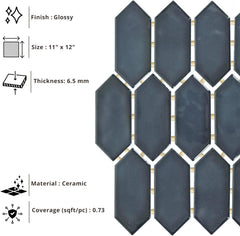 Tenedos HTCFD Blue Elongated Hexagon Glossy Ceramic Mosaic Tile, High-Gloss Pressed Edge Mesh-Mounted Wall Tile for Backsplash, Shower Walls and Fireplace Surrounds