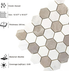 Tenedos FD220 Beige & White Hexagon Marble Mosaic Tile – 2" Honed Natural Stone Sheet, Indoor Wall & Bathroom Floor Tile, Water-Resistant Shower Floor Mosaic (1 Sheet)