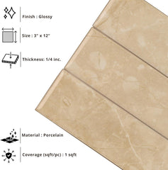 Tenedos HTCRC 3x12 Glossy Porcelain Subway Tile – Stone Look Wall Tile for Kitchen Backsplash, Bathroom & Shower Walls