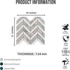 Tenedos HTCRC White and Grey Marble Chevron Mosaic Tile – 11x12 Inch Mesh-Mounted Sheet – Natural Marble Geometric Mosaic for Kitchen Backsplash Bathroom Wall Accent