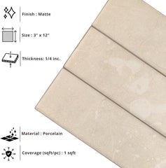 Tenedos HTCRC Marble Look Matte Porcelain Tile – 3x12 Inch Subway Wall & Kitchen Backsplash