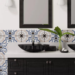 Tenedos Azure Crest 8" x 8" Matte Porcelain Tile for Floor and Wall, Blue Gray Mediterranean Pattern, Spanish Encaustic Look, Indoor Outdoor Use