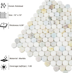 Aurora Pearl Round Marble Mosaic Tile – Polished Natural Stone Sheet for Bathroom, Kitchen Backsplash, and Shower Accent