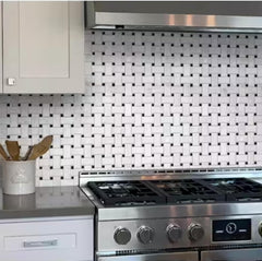 Tenedos HTCRC 12 x 12 Inch Bianco Carrara Basket Weave Black Dot Marble Interlocking Mosaic Tile | Kitchen Backsplash Bathroom Shower Accent Wall (1 Sheet)