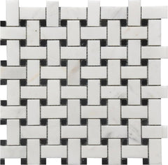 Tenedos HTCRC 12 x 12 Inch Bianco Carrara Basket Weave Black Dot Marble Interlocking Mosaic Tile | Kitchen Backsplash Bathroom Shower Accent Wall (1 Sheet)