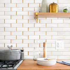 2x6 White and Gold Metal Stainless Steel & Marble Tile – Polished Finish, 1 Sheet for Backsplash & Wall Decor