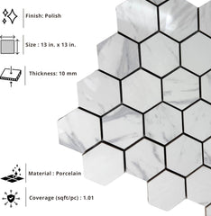 Tenedos White Marble Look Hexagon Porcelain Mosaic Tile – 13x13 Glossy Finish for Wall, Floor, and Bathroom (5 Sheets, 5 Sqft Total Coverage)