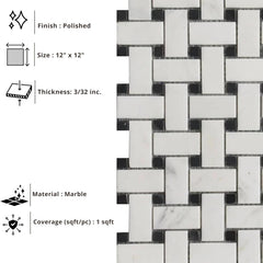 Tenedos HTCRC 12 x 12 Inch Bianco Carrara Basket Weave Black Dot Marble Interlocking Mosaic Tile | Kitchen Backsplash Bathroom Shower Accent Wall (1 Sheet)