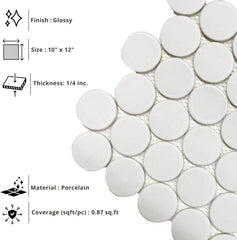 Tenedos HTCRC White 2" Glossy Grande Penny Round Porcelain Mosaic Tile for Bathroom, Shower, Kitchen Backsplash, Wall, Floor, Café, Restaurant, Commercial Space