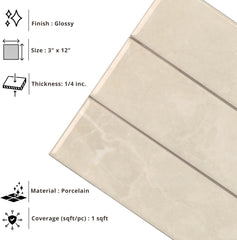 Tenedos HTCRC 3x12 Glossy Porcelain Subway Tile – Stone Look Wall Tile for Kitchen Backsplash, Bathroom & Shower Walls
