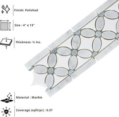 Tenedos 4x13 Polished Carrara White Marble Border Tile – Italian Marble Trim for Indoor Floors, Walls, Showers, Bathrooms, Fireplaces – Water-Resistant