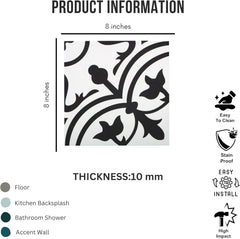Tenedos Noir Vine 8" x 8" Black and White Matte Porcelain Tile for Floor and Wall, Spanish Decorative Pattern, Indoor Outdoor Use