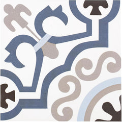 Tenedos Azure Crest 8" x 8" Matte Porcelain Tile for Floor and Wall, Blue Gray Mediterranean Pattern, Spanish Encaustic Look, Indoor Outdoor Use