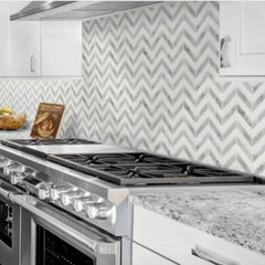 Tenedos HTCRC White and Grey Marble Chevron Mosaic Tile – 11x12 Inch Mesh-Mounted Sheet – Natural Marble Geometric Mosaic for Kitchen Backsplash Bathroom Wall Accent