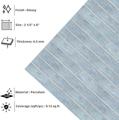 Tenedos HTCFD Handmade Zellige Look 2.5” x 8” Blue Porcelain Tile – High Gloss Pressed Edge Subway Tile for Wall & Floor, Bathroom, Kitchen Backsplash, Shower Walls