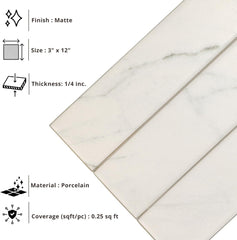 Tenedos HTCRC Marble Look Matte Porcelain Tile – 3x12 Inch Subway Wall & Kitchen Backsplash