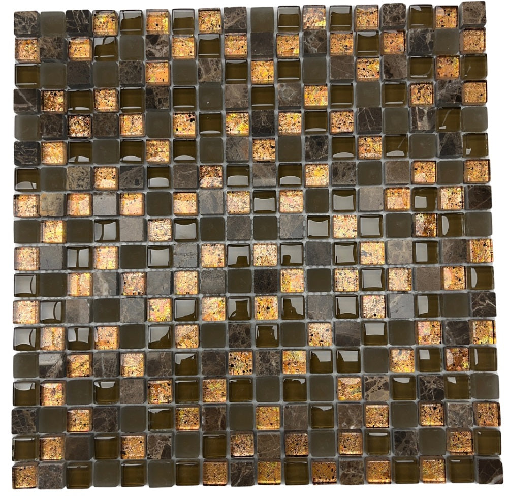 Tenedos Square 5/8 Dark Emperador Marble with Brown Frosted and Bronze Copper Glass Wall Decor Tile for Kitchen Backsplash, Bathroom Shower, Accent Wall