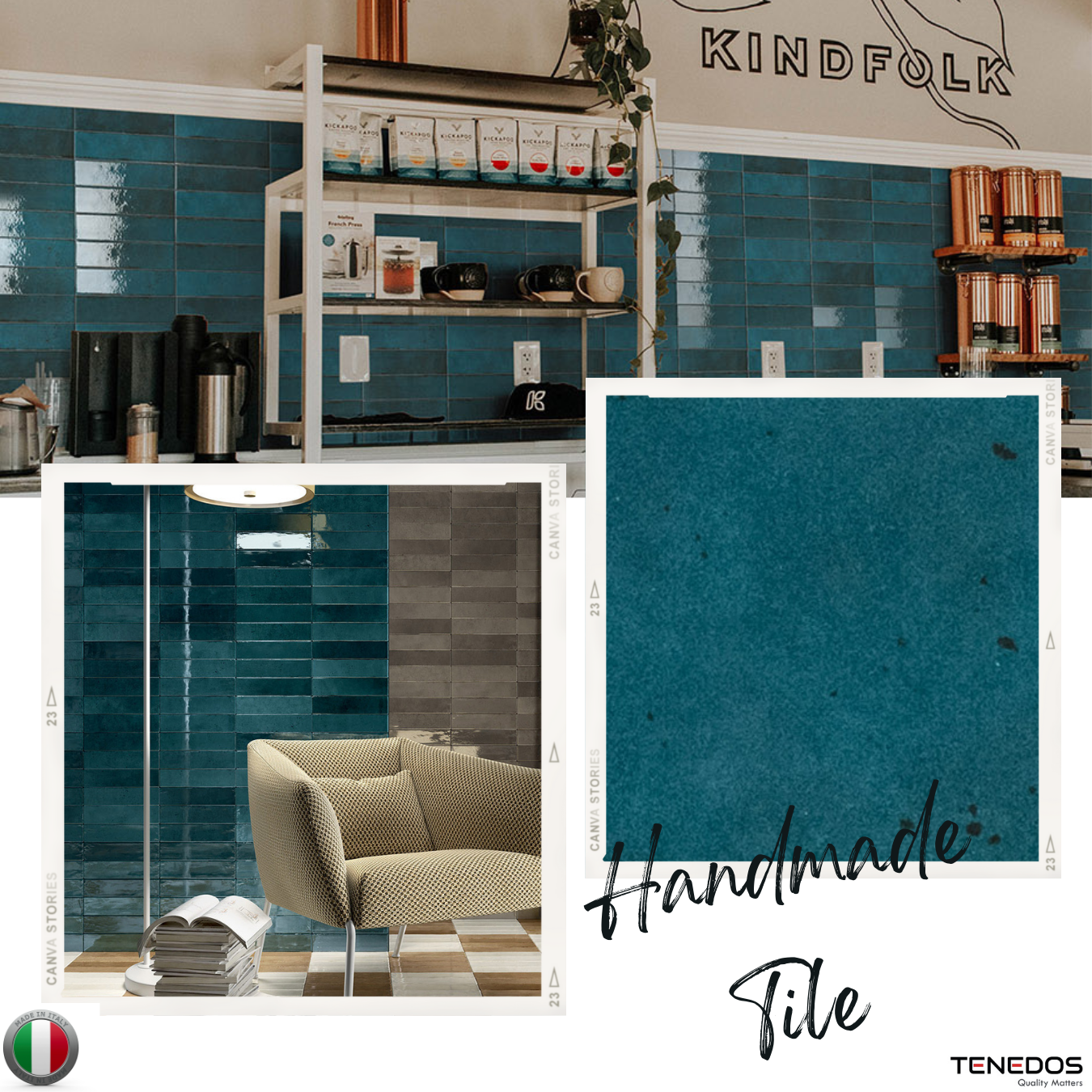 TTTD-PRC-STR Amore 2x10 Dark Blue Handmade Bright Porcelain Wall Floor Tile Backsplash for Kitchen, Bathroom, Fireplace, Accent Decor, Made in Italy