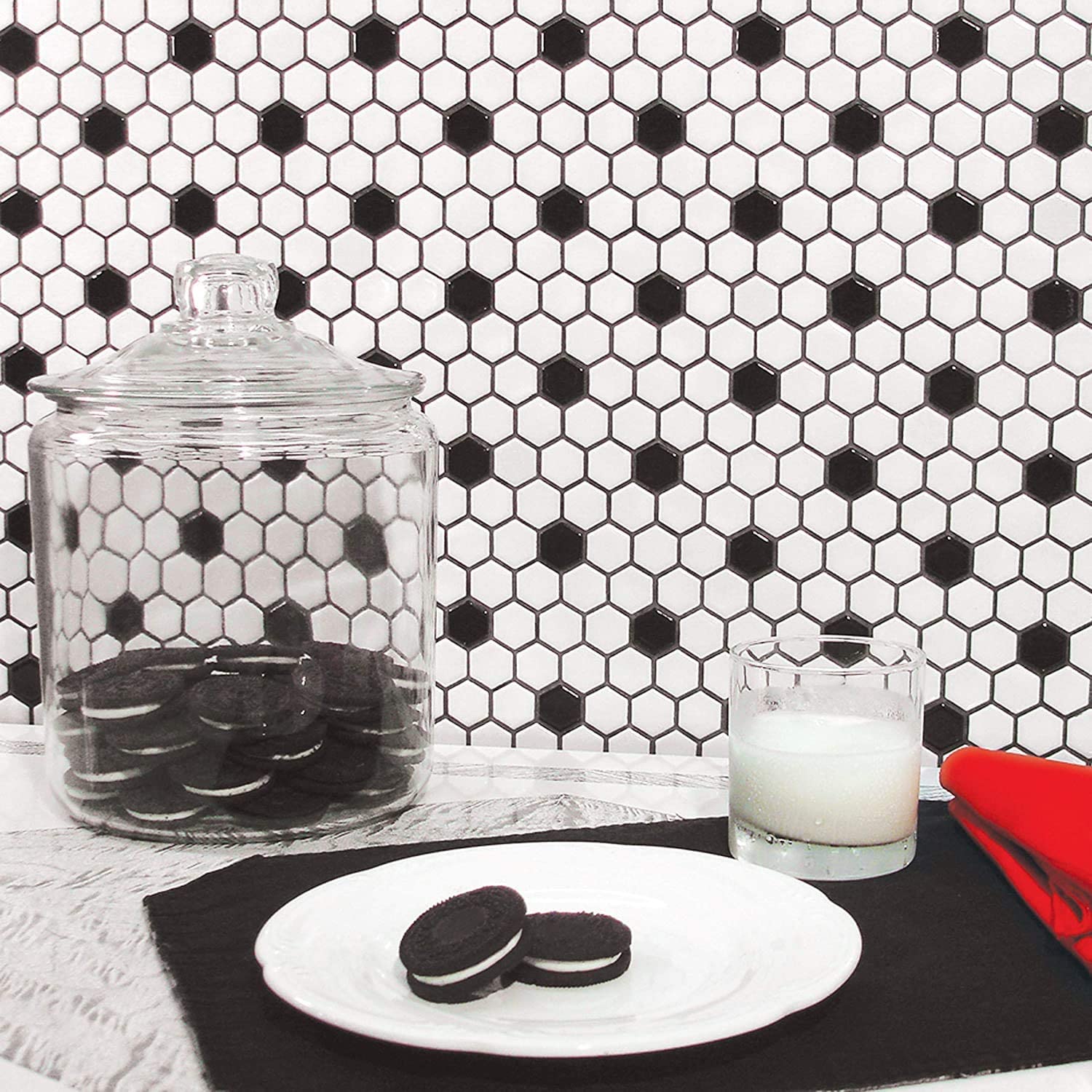 Hexagon White with Black Dots Porcelain Mosaic Floor and Wall Tile Matte Look for Kitchen Backsplash, Bathroom Wall, Accent Wall