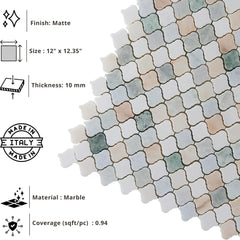 Tenedos Tuscan Mirage Arabesque Honed Marble Mosaic Tile 12x12 in Multicolor for Kitchen Backsplash Bathroom Wall Shower Floor Fireplace Accent Natural Stone (1 Sheet)
