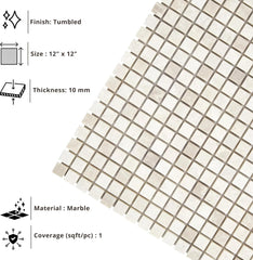 Tenedos 12x12 Beige Tumbled Marble Mosaic Tile – 0.6" Square Chips, Indoor/Outdoor Floor & Wall Use, Water-Resistant, Shower Floor & Wall Suitable, Natural Stone (1 Sheet)