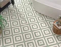 Tenedos Sage Linea 8" x 8" Matte Porcelain Tile for Wall and Floor, Diagonal Stripe Green and White Pattern, Modern Geometric Design, Indoor Outdoor Use