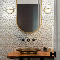 Tenedos HTCRC Carrara White Metal 12x14 Mosaic Tile – Triangle Geometric 3D Hexagon Pattern with Gold Inlay, White Marble Look for Kitchen Backsplash & Bathroom Wall