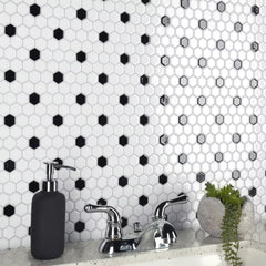 Tenedos White and Black Hexagon Polished Porcelain Mosaic Tile – Classic Glossy Geometric Wall and Floor Tile for Bathroom, Kitchen, and Backsplash (5 Sheets)
