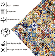 Tenedos HTCFD Heritage Mediterranean Patchwork 4x4 Polished Tile – Vintage Pattern Wall Tile for Kitchen Backsplash, Bathroom, Fireplace & Accent Areas (9 Pieces - 1 Sqft)