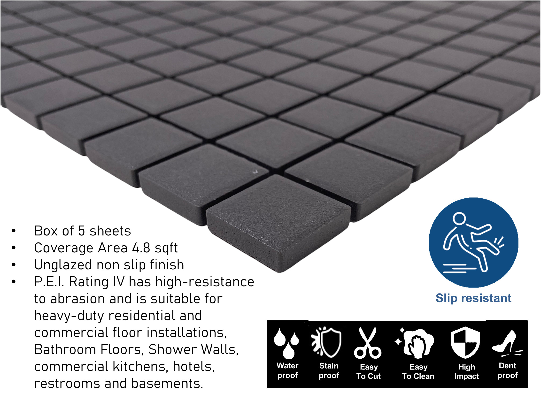 TDPW-UGB1X1-403 Black Porcelain 7/8 Inch Square Unglazed Finish Mosaic Floor Wall Tile for Bathroom Shower, Kitchen Backsplash and Pool