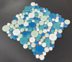 Tenedos Baru Blue and White Bubble Random Round Glass Mosaic Wall Tile for Kitchen Backsplash, Bathroom Shower, Accent Wall
