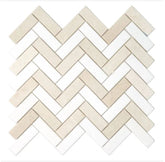 Crema Marfil & Thassos White Marble Herringbone 1X3 Mosaic Polished/Honed 1 piece
